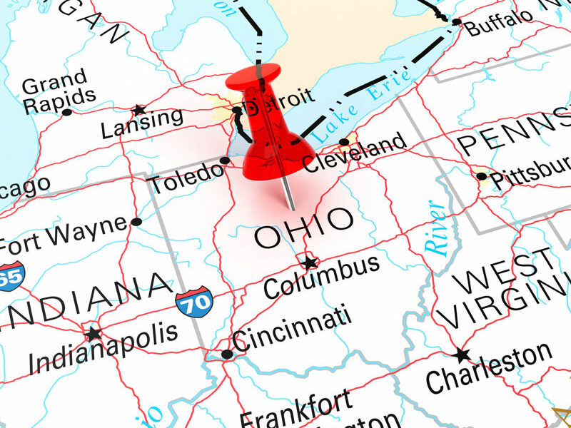 Map of US Midwest with push pin in the state of Ohio